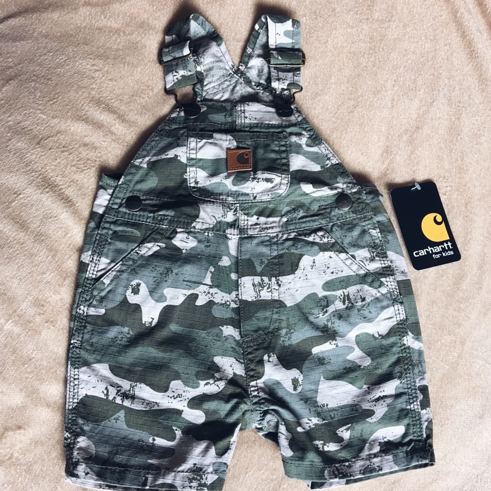 Carhartt green camo bibs short overalls